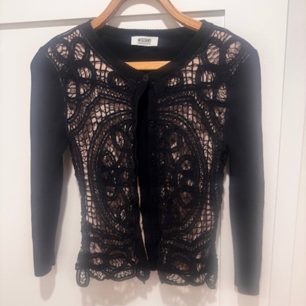 Moschino black cardigan, crochet lace sweater S